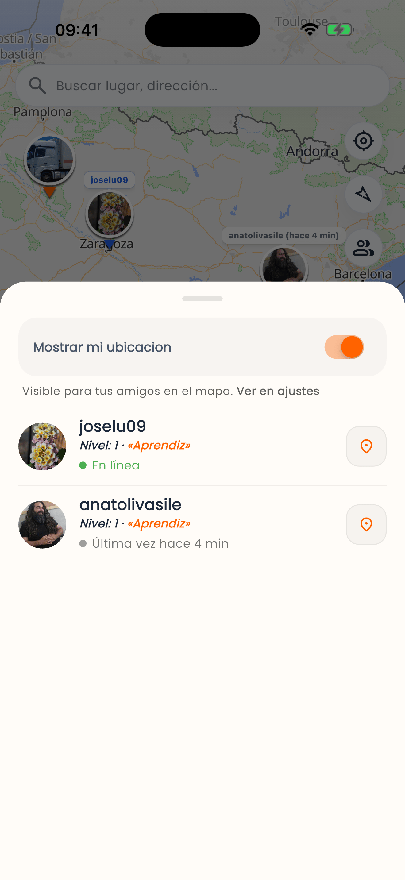 Localización voluntaria de amigos en ruta en Truckio