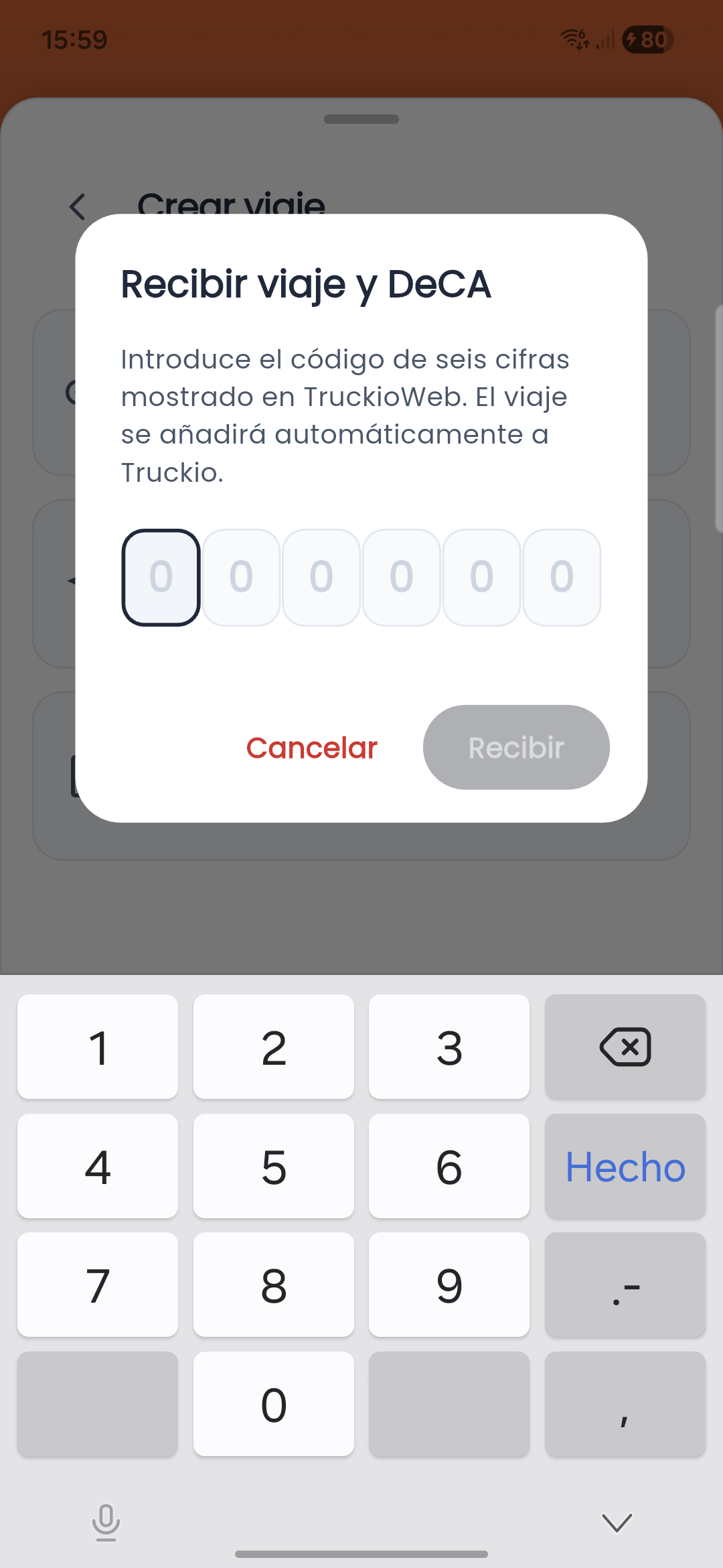 Código de seis cifras para recibir un viaje y su DeCA en Truckio App