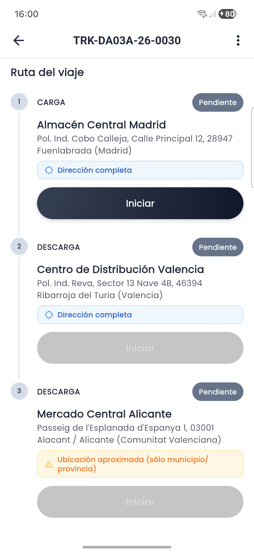 Paradas de carga y descarga de un viaje en Truckio App