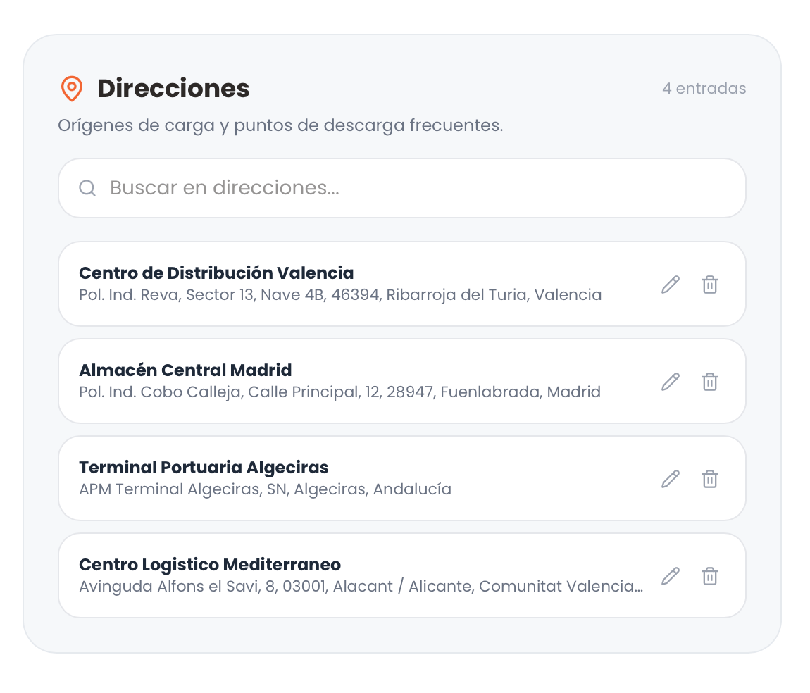 Agenda de direcciones frecuentes en Truckio Web
