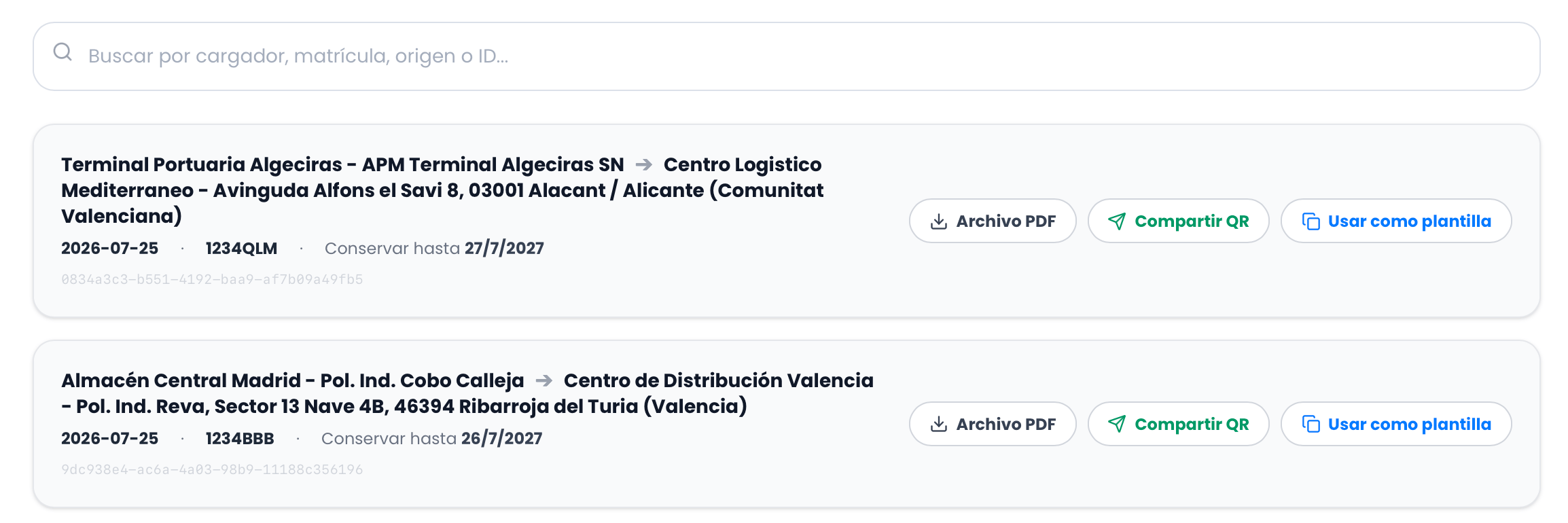 Histórico de documentos DeCA con opciones de PDF, QR y plantilla en Truckio Web